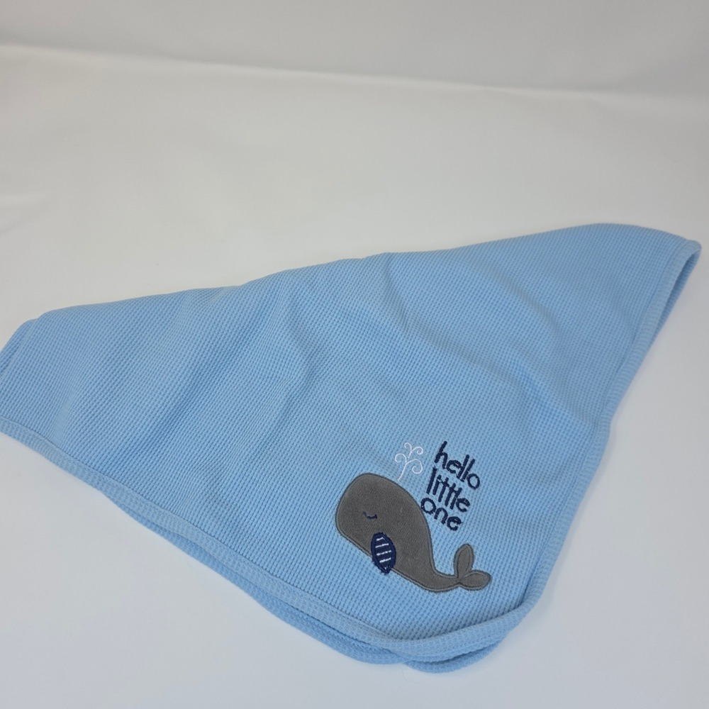 Just Born Baby Blanket Unisex OS Blue Waffle Knit Hello Little One‎ Whale Cotton